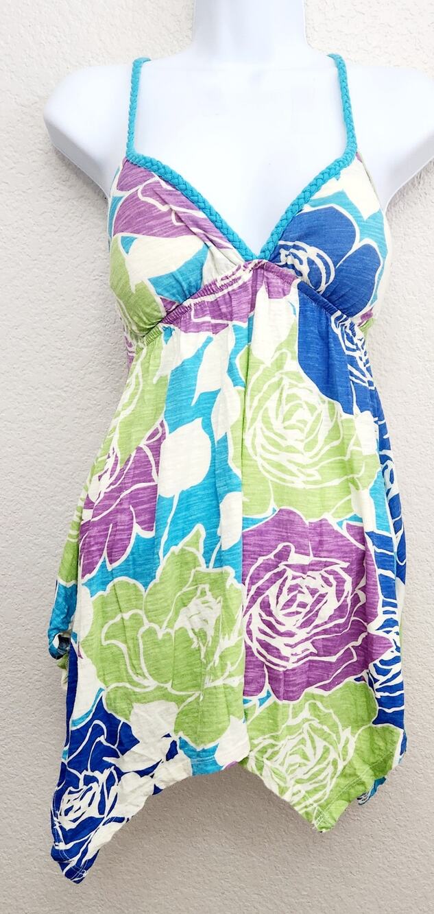 Derek Heart Blue Green Purple Floral Print Braided Spaghetti Strap Top Small